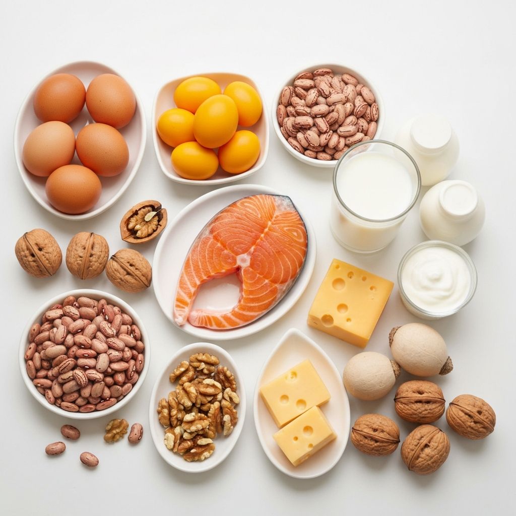 Protein sources including eggs, fish, beans, nuts, and dairy products arranged on white surface