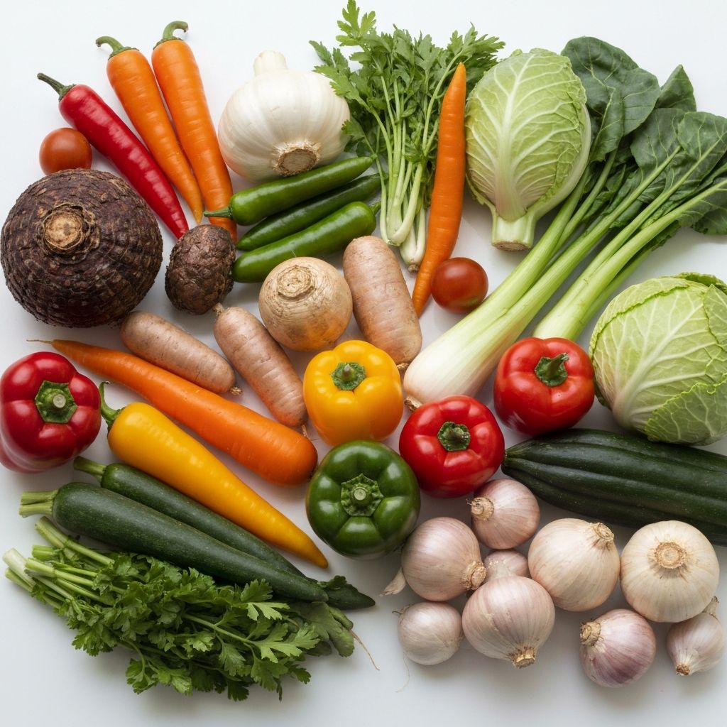 Colorful assorted vegetables on bright white surface showing variety of seasonal vegetables