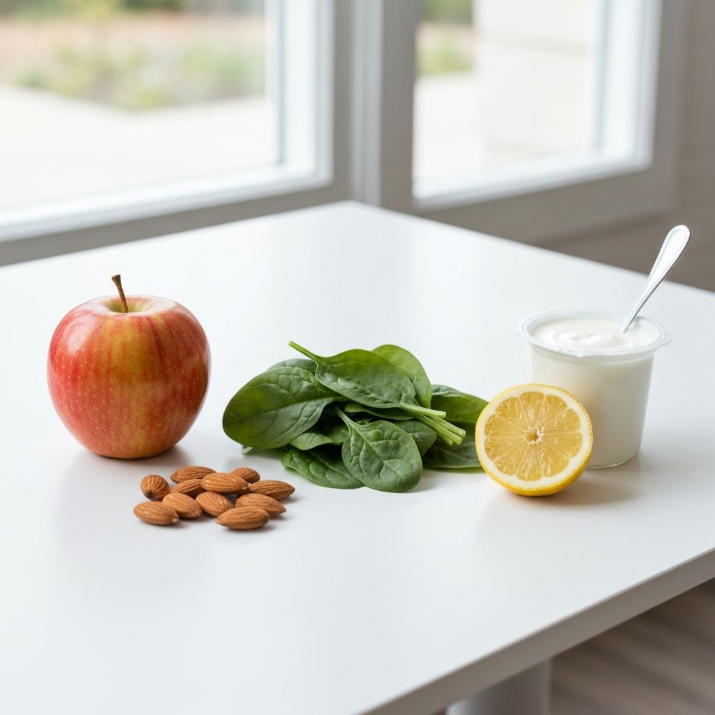 Fresh daily ingredients - apples, nuts, spinach, and yogurt arranged on bright white table