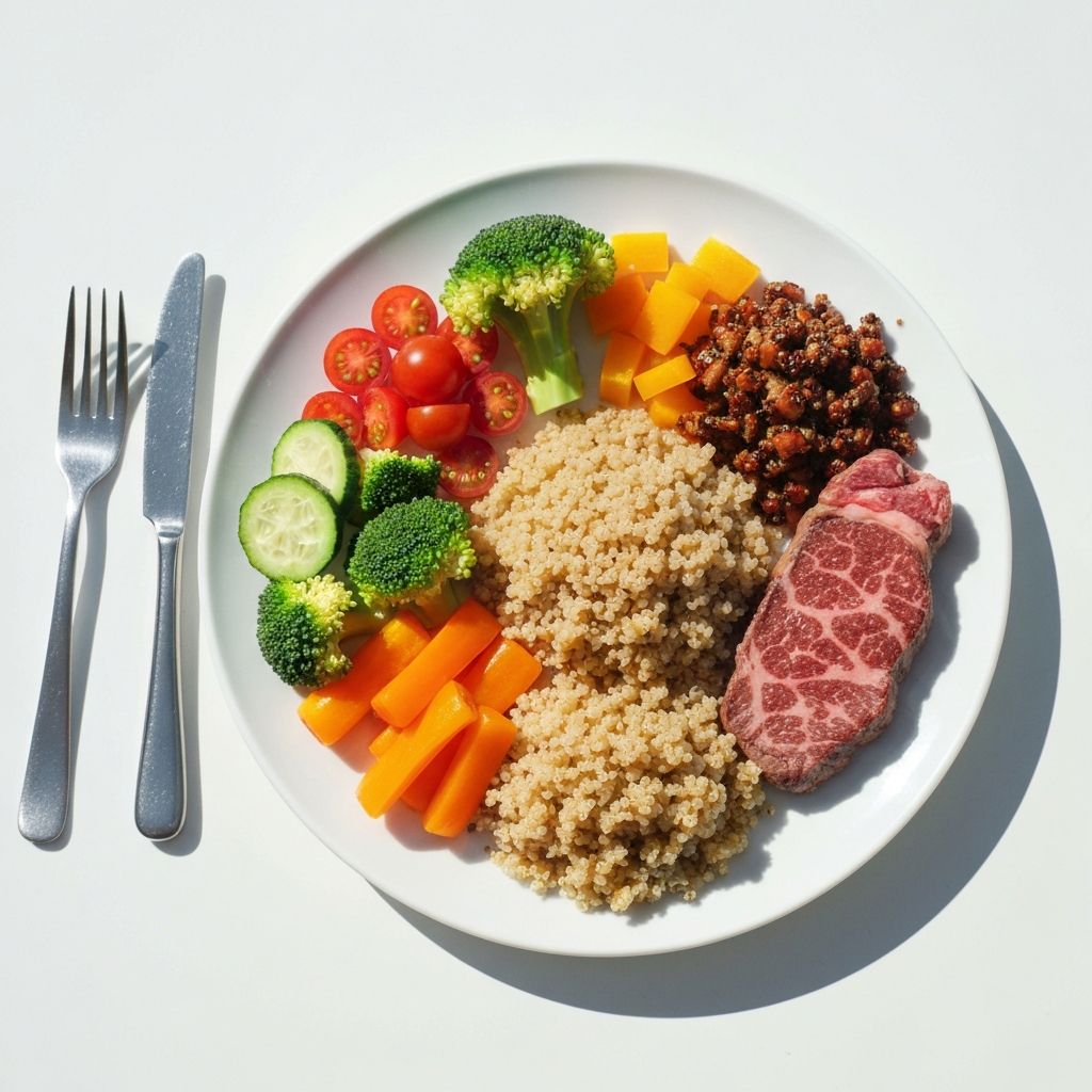 Balanced plate from above showing colorful vegetables, grains, and protein arranged in natural proportions