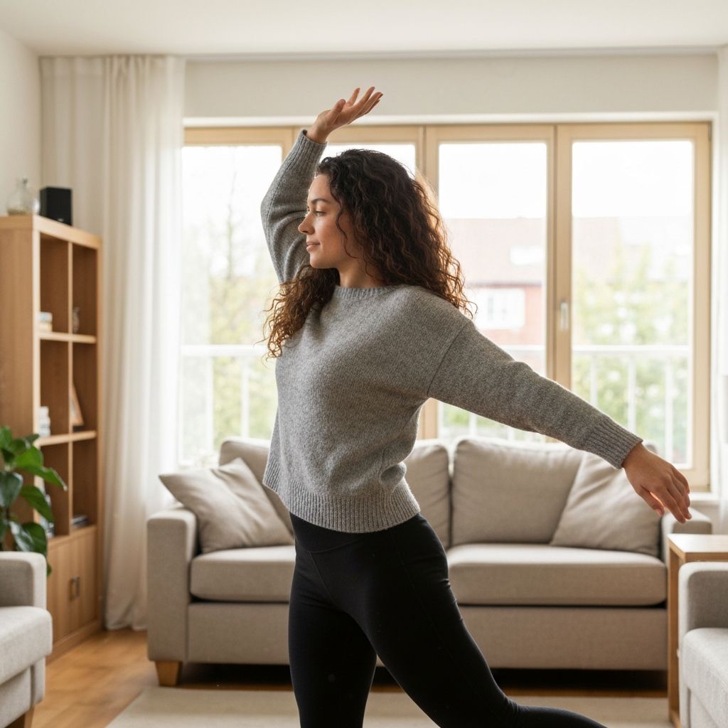 Person in casual comfortable clothing doing gentle stretching in bright living room